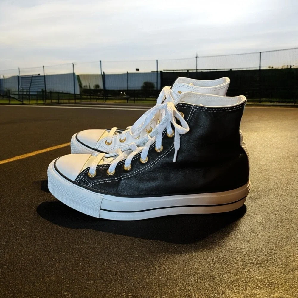 Converse All Star Two Tone High Top Leather Sneakers Black/White/Cream.